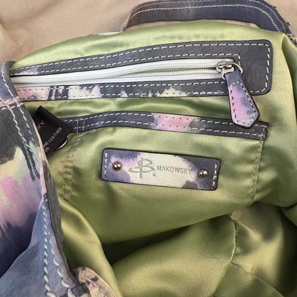 B. Makowsky Tie Dye Leather Mini Satchel Tote Bag Purple Fur Accent - Picture 5 of 10